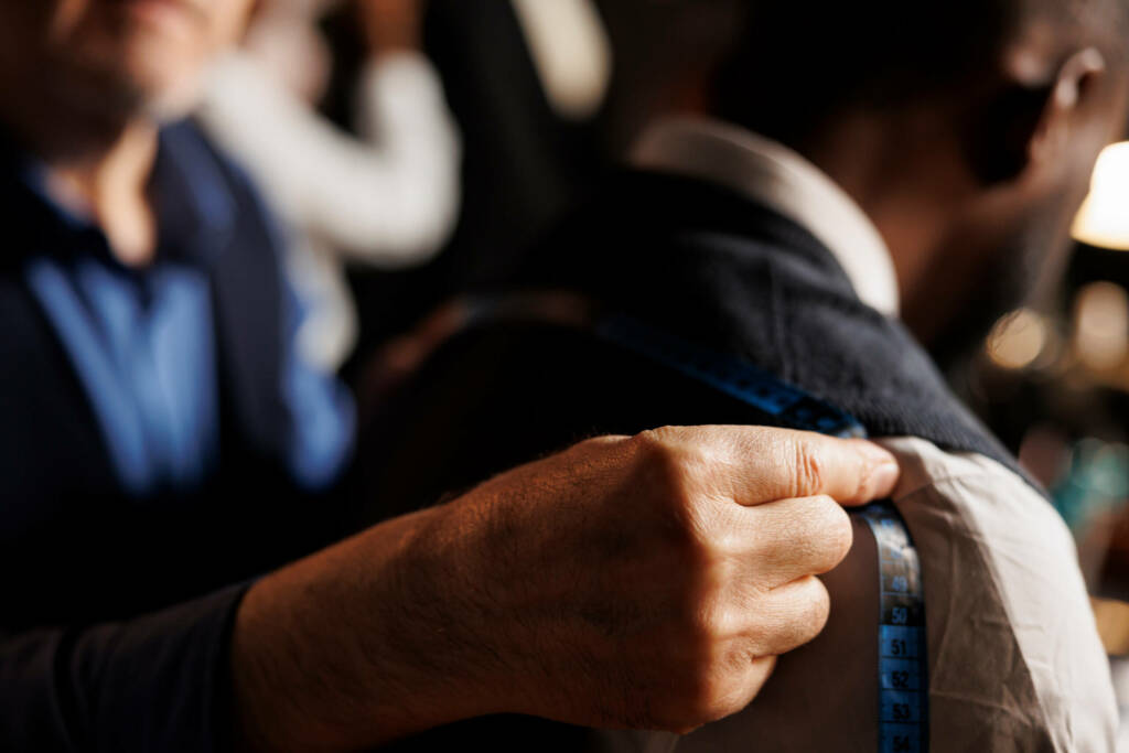Close up of suitmaker doing fitting